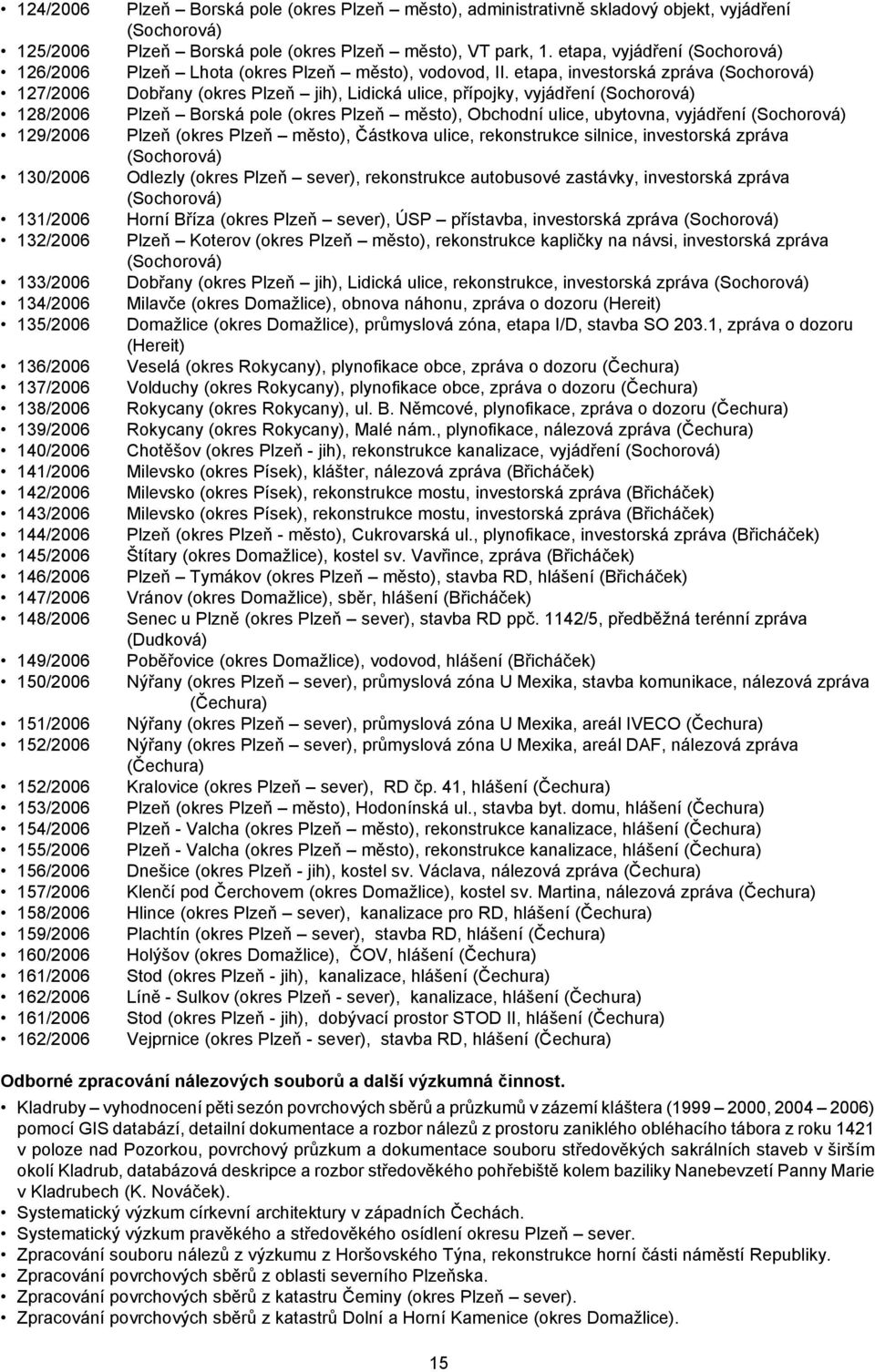 etapa, investorská zpráva (Sochorová) 127/2006 Dobřany (okres Plzeň jih), Lidická ulice, přípojky, vyjádření (Sochorová) 128/2006 Plzeň Borská pole (okres Plzeň město), Obchodní ulice, ubytovna,