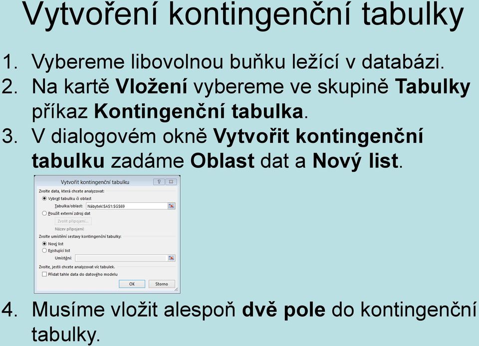 Na kartě Vložení vybereme ve skupině Tabulky příkaz Kontingenční tabulka.