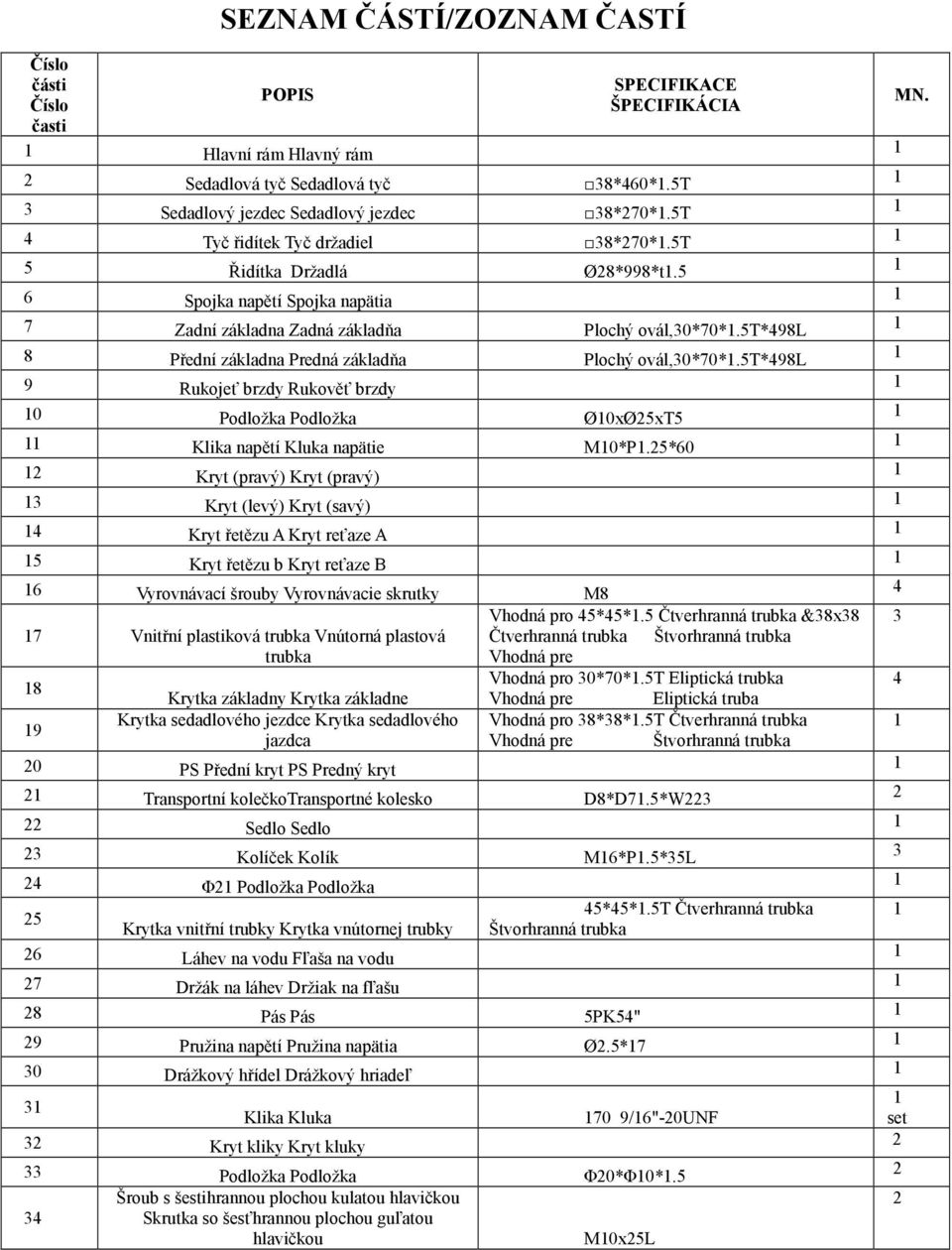 5t*498l 8 Přední základna Predná základňa Plochý ovál,30*70*.5t*498l 9 Rukojeť brzdy Rukověť brzdy 0 Podložka Podložka Ø0xØ25xT5 Klika napětí Kluka napätie M0*P.
