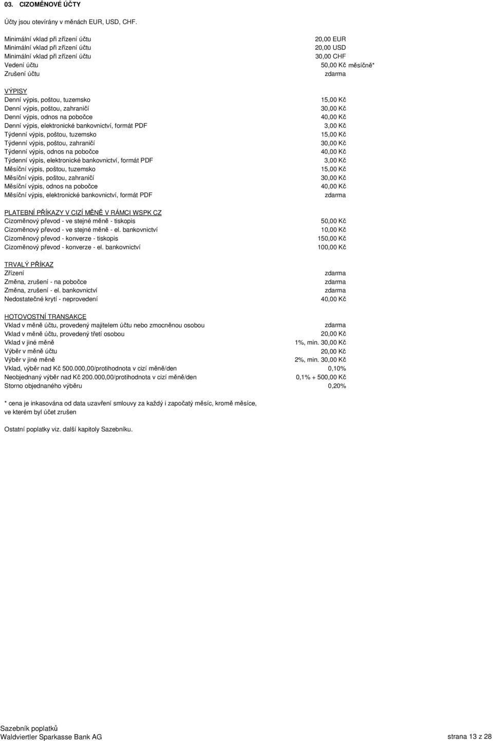 poštou, zahraničí Týdenní výpis, odnos na pobočce Týdenní výpis, elektronické bankovnictví, formát PDF Měsíční výpis, poštou, tuzemsko Měsíční výpis, poštou, zahraničí Měsíční výpis, odnos na pobočce