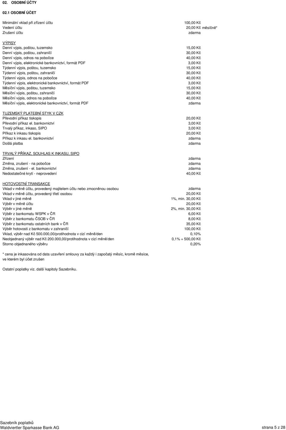 Týdenní výpis, poštou, zahraničí Týdenní výpis, odnos na pobočce Týdenní výpis, elektronické bankovnictví, formát PDF Měsíční výpis, poštou, tuzemsko Měsíční výpis, poštou, zahraničí Měsíční výpis,