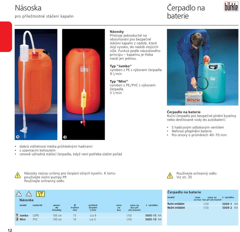 Typ Jumbo vyroben z PE s výkonem čerpadla 9 l/min Typ Mini vyroben z PE/PVC s výkonem čerpadla 5 l/min Čerpadlo na baterie Ruční čerpadlo pro bezpečné plnění kyseliny nebo destilované vody do
