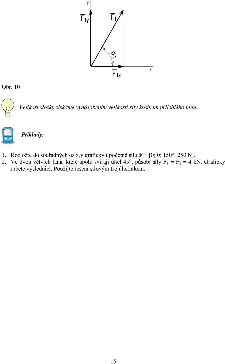 Rozložte do souřadných os x,y graficky i početně sílu F = [0; 0; 150 ; 25