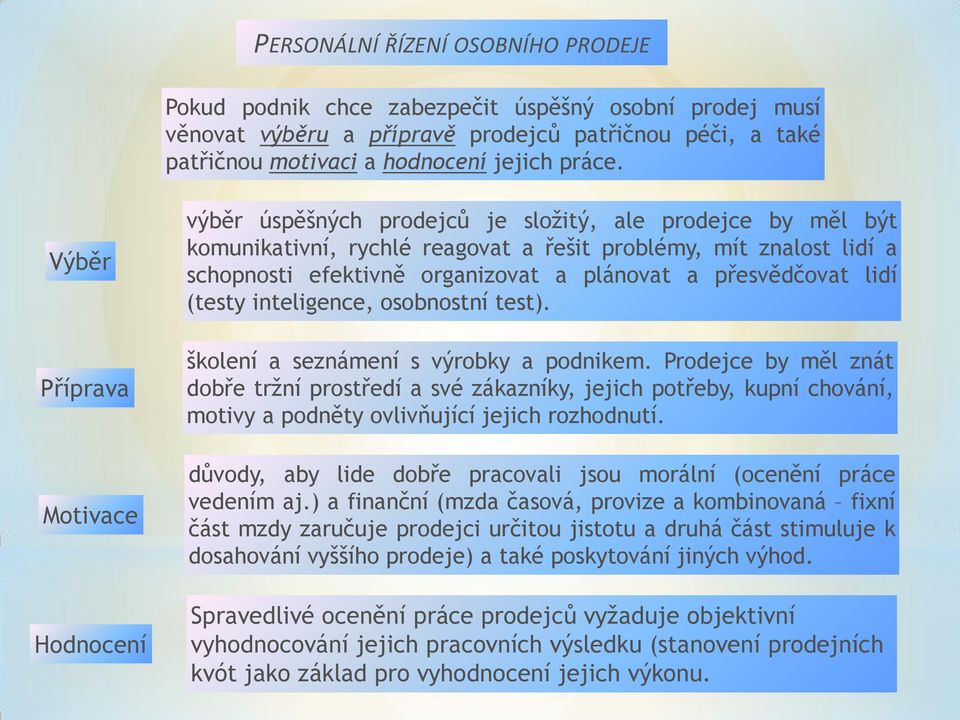 plánovat a přesvědčovat lidí (testy inteligence, osobnostní test). školení a seznámení s výrobky a podnikem.