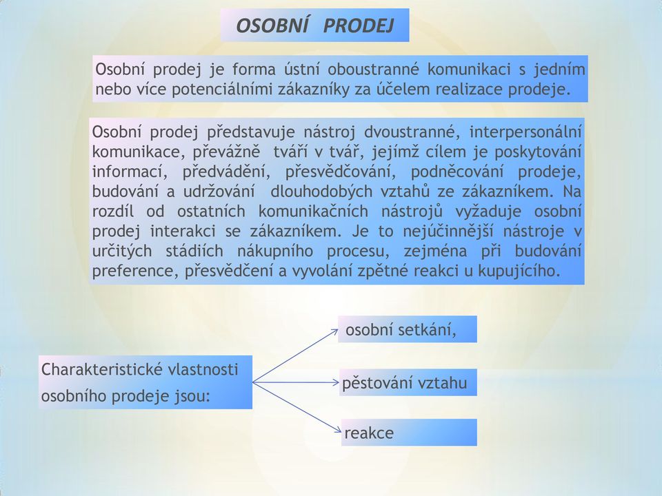 prodeje, budování a udržování dlouhodobých vztahů ze zákazníkem. Na rozdíl od ostatních komunikačních nástrojů vyžaduje osobní prodej interakci se zákazníkem.