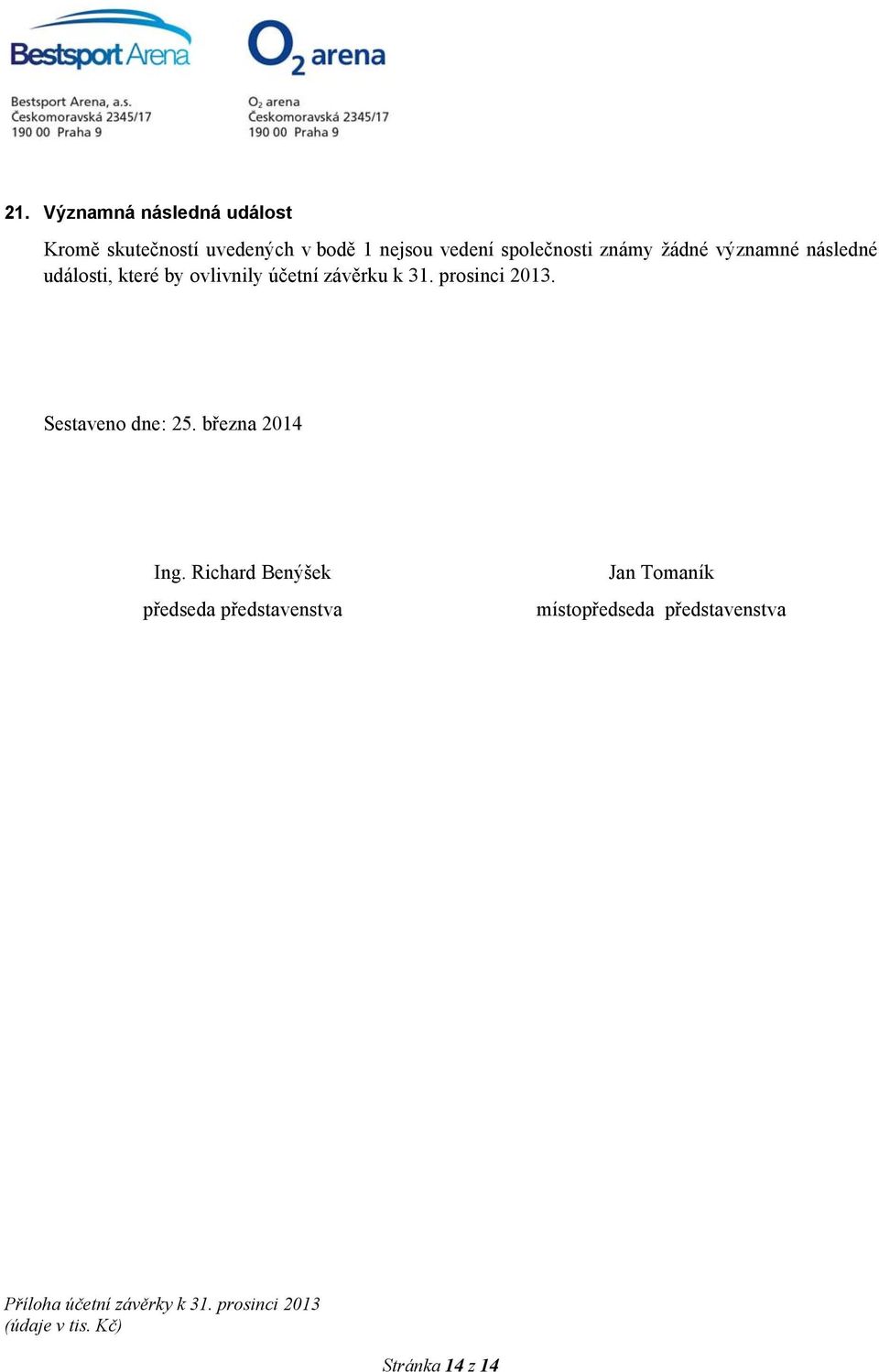 účetní závěrku k 31. prosinci 2013. Sestaveno dne: 25. března 2014 Ing.