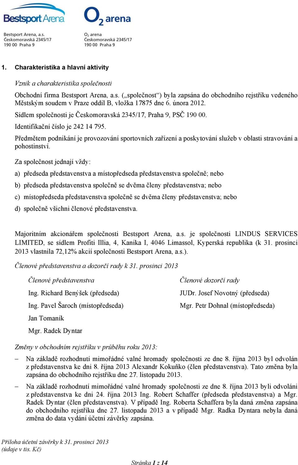 Předmětem podnikání je provozování sportovních zařízení a poskytování služeb v oblasti stravování a pohostinství.