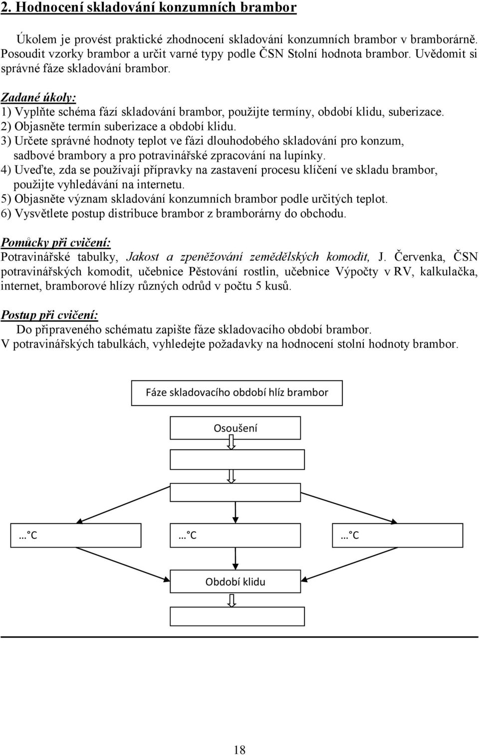 Zadané úkoly: 1) Vyplňte schéma fází skladování brambor, použijte termíny, období klidu, suberizace. 2) Objasněte termín suberizace a období klidu.