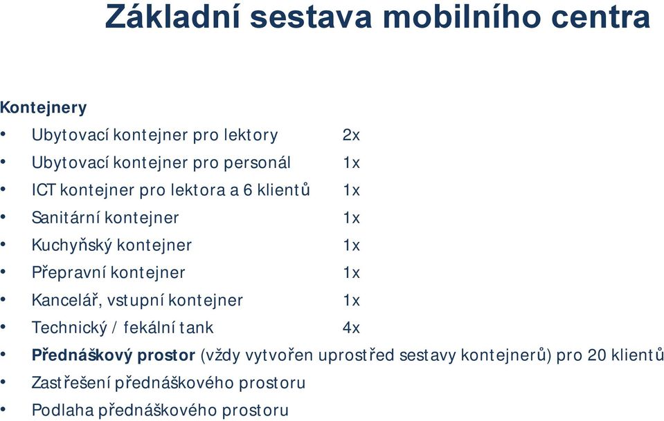 Přepravní kontejner 1x Kancelář, vstupní kontejner 1x Technický / fekálnítank 4x Přednáškový prostor (vždy