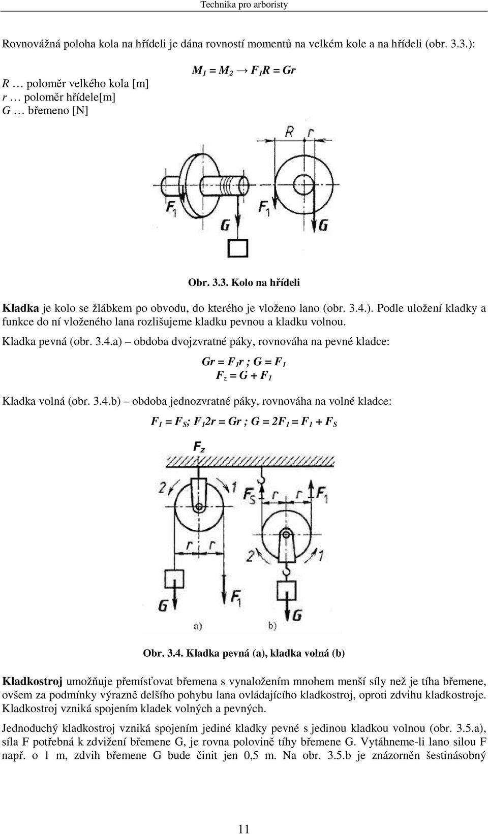 3.4.b) obdoba jednozvratné páky, rovnováha na volné kladce: F 1 = F S ; F 1 2r = Gr ; G = 2F 1 = F 1 + F S F z Obr. 3.4. Kladka pevná (a), kladka volná (b) Kladkostroj umožňuje přemísťovat břemena s