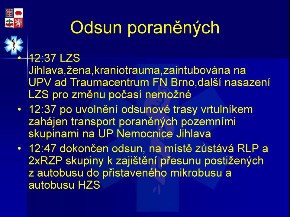 transport poraněných pozemními skupinami na UP Nemocnice Jihlava 12:47 dokončen odsun, na místě