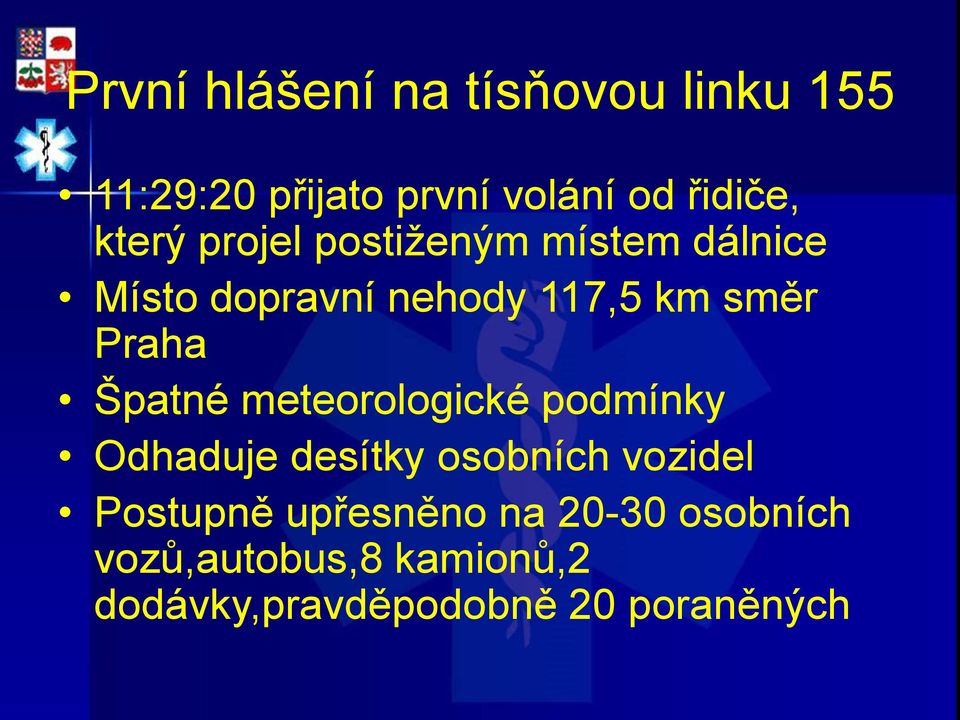 Praha Špatné meteorologické podmínky Odhaduje desítky osobních vozidel Postupně