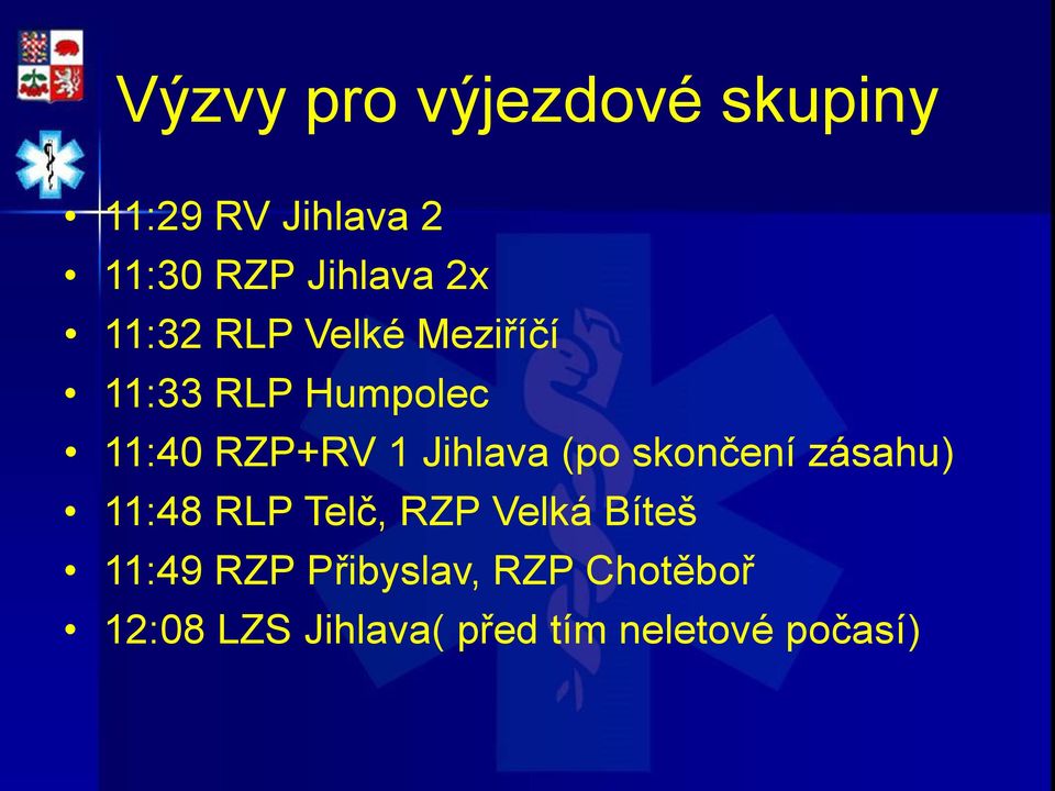 Jihlava (po skončení zásahu) 11:48 RLP Telč, RZP Velká Bíteš 11:49