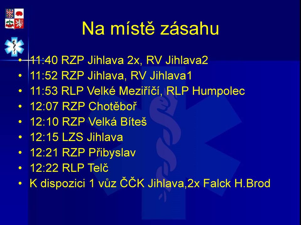 12:07 RZP Chotěboř 12:10 RZP Velká Bíteš 12:15 LZS Jihlava 12:21