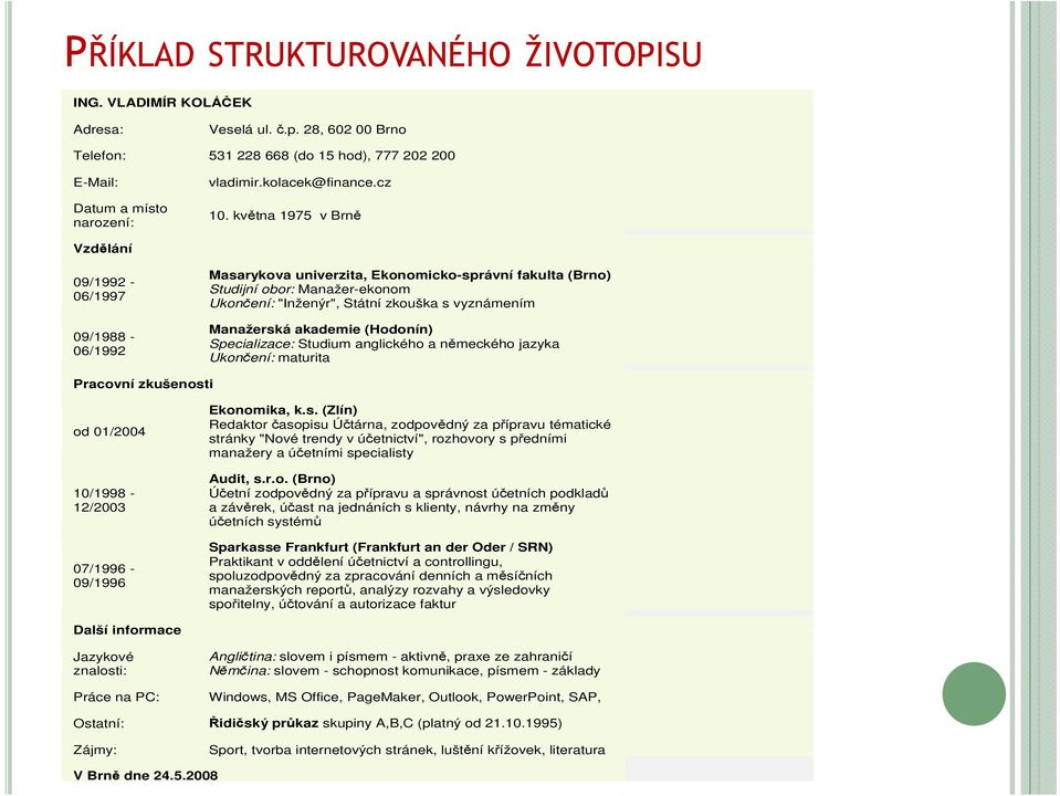 května 1975 v Brně Vzdělání 09/1992-06/1997 09/1988-06/1992 Masarykova univerzita, Ekonomicko-správní fakulta (Brno) Studijní obor: Manažer-ekonom Ukončení: "Inženýr", Státní zkouška s vyznámením