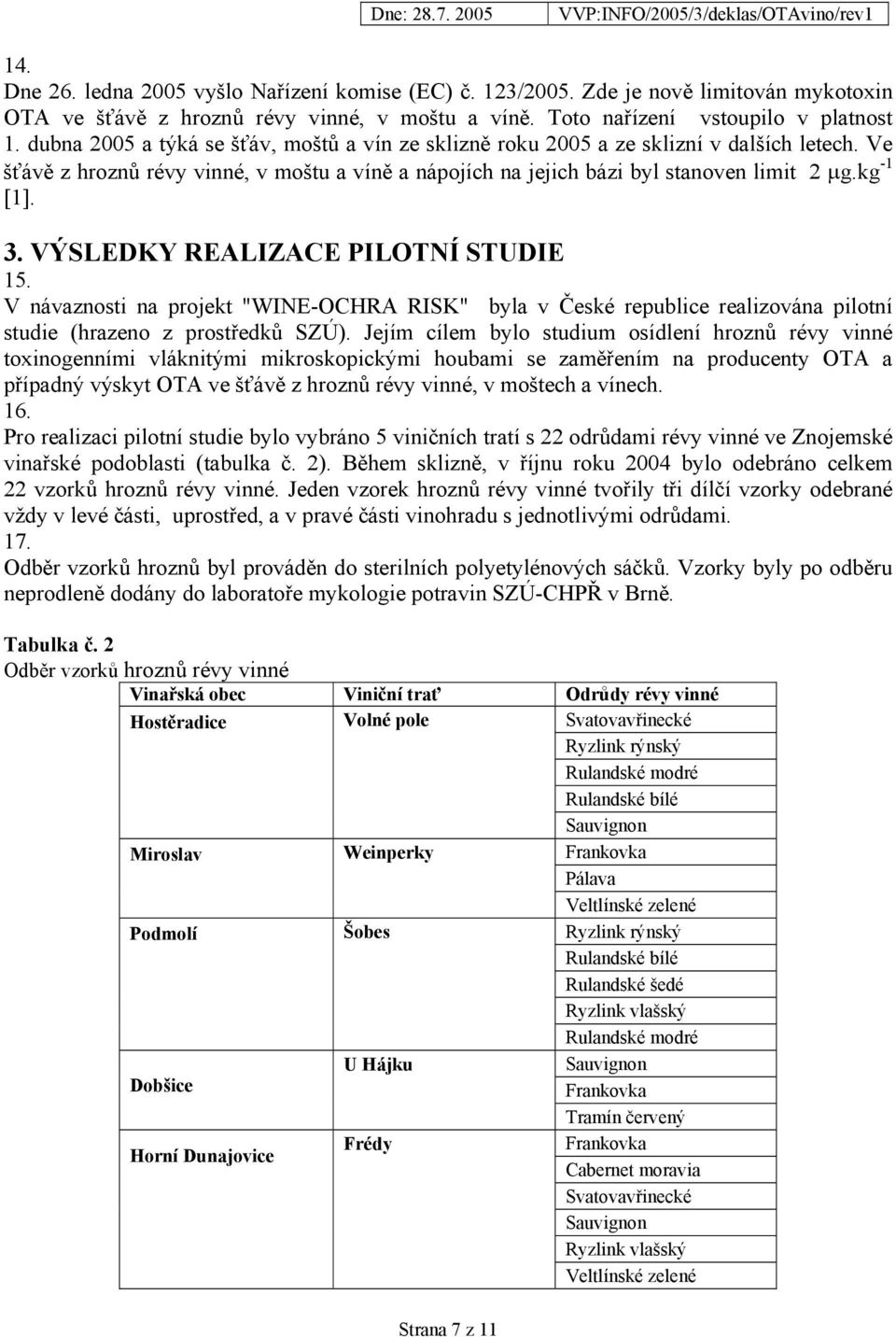 VÝSLEDKY REALIZACE PILOTNÍ STUDIE 15. V návaznosti na projekt "WINE-OCHRA RISK" byla v České republice realizována pilotní studie (hrazeno z prostředků SZÚ).