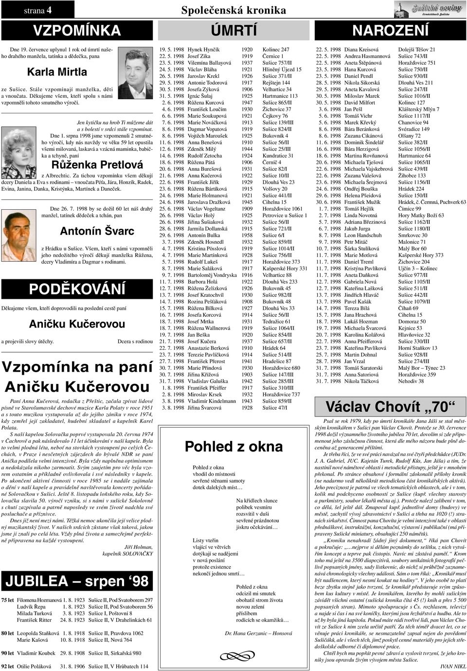 srpna 1998 jsme vzpomenuli 2 smutného výročí, kdy nás navždy ve věku 59 let opustila všemi milovaná, laskavá a vzácná maminka, babička a tchyně, paní Růženka Pretlová z Albrechtic.