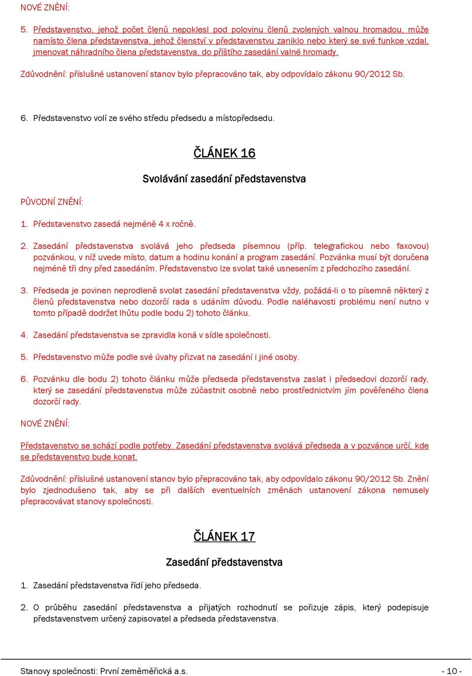 Představenstvo volí ze svého středu předsedu a místopředsedu. 1. Představenstvo zasedá nejméně 4 x ročně. ČLÁNEK 16 Svolávání zasedání představenstva 2.