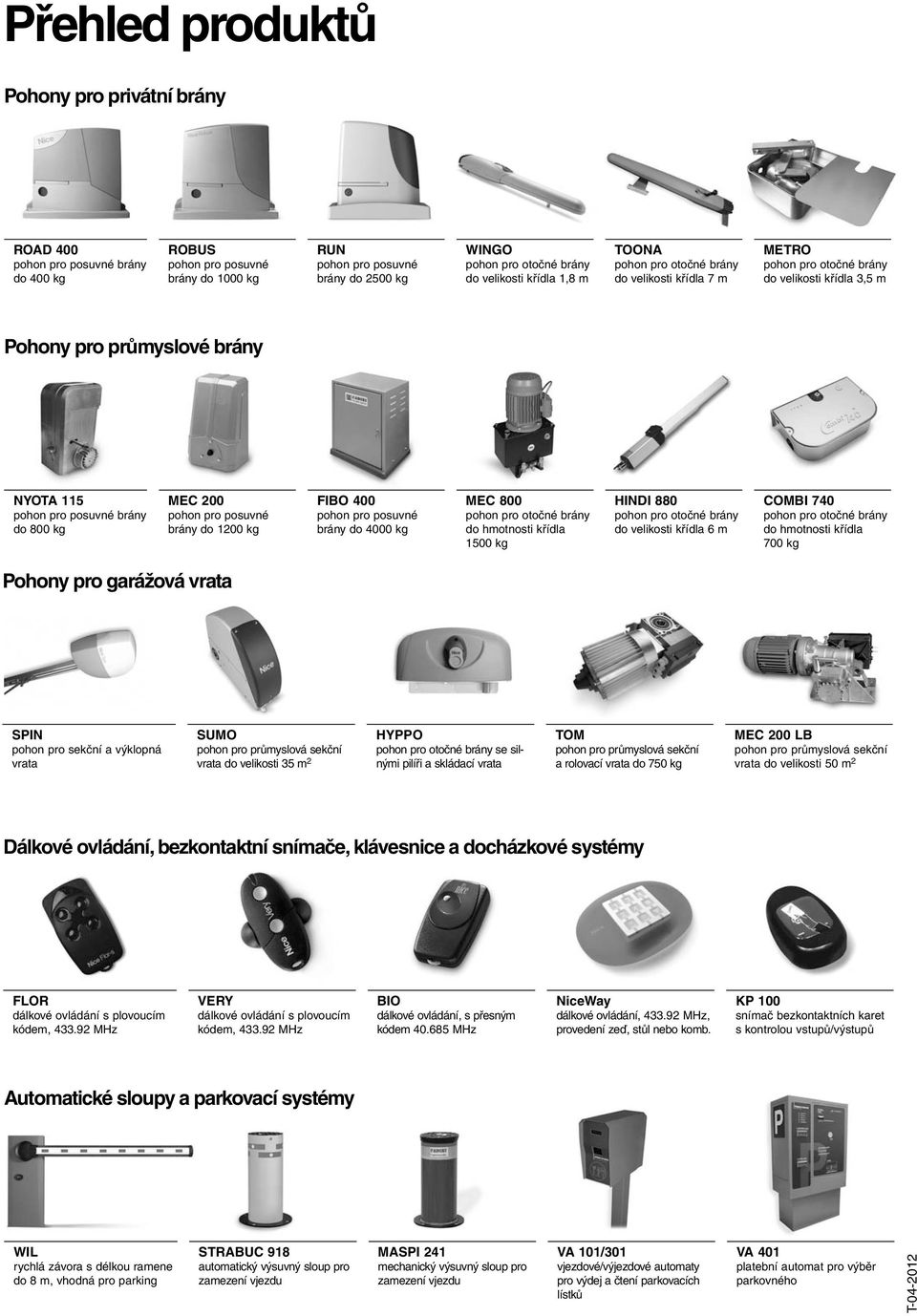 posuvné brány do 4000 kg MEC 800 do hmotnosti křídla 1500 kg HINDI 880 do velikosti křídla 6 m COMBI 740 do hmotnosti křídla 700 kg Pohony pro garážová vrata SPIN pohon pro sekční a výklopná vrata