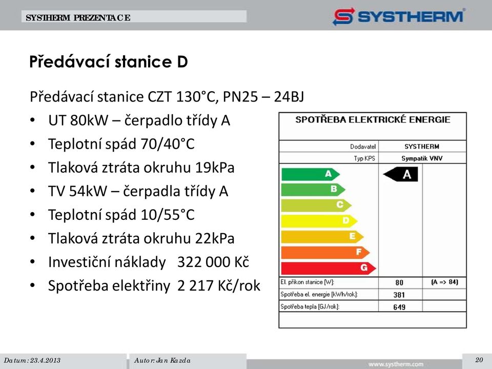 TV 54kW čerpadla třídy A Teplotní spád 10/55 C Tlaková ztráta okruhu