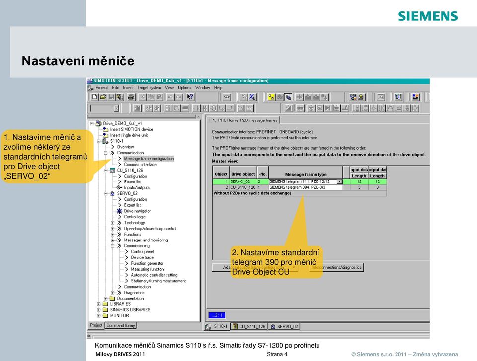 standardních telegramů pro Drive object SERVO_02