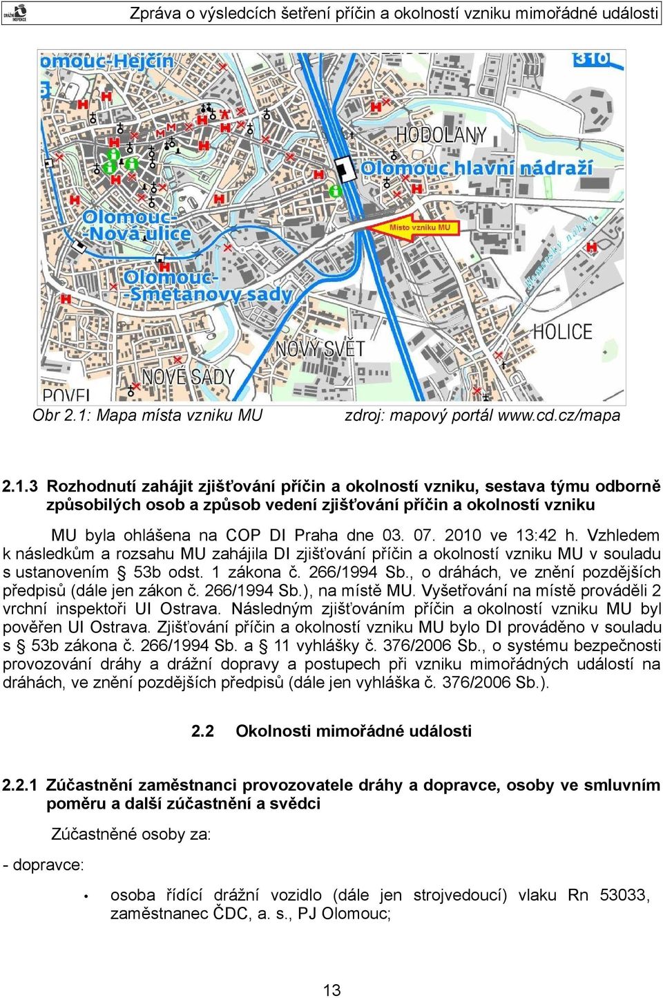, o dráhách, ve znění pozdějších předpisů (dále jen zákon č. 266/1994 Sb.), na místě MU. Vyšetřování na místě prováděli 2 vrchní inspektoři UI Ostrava.