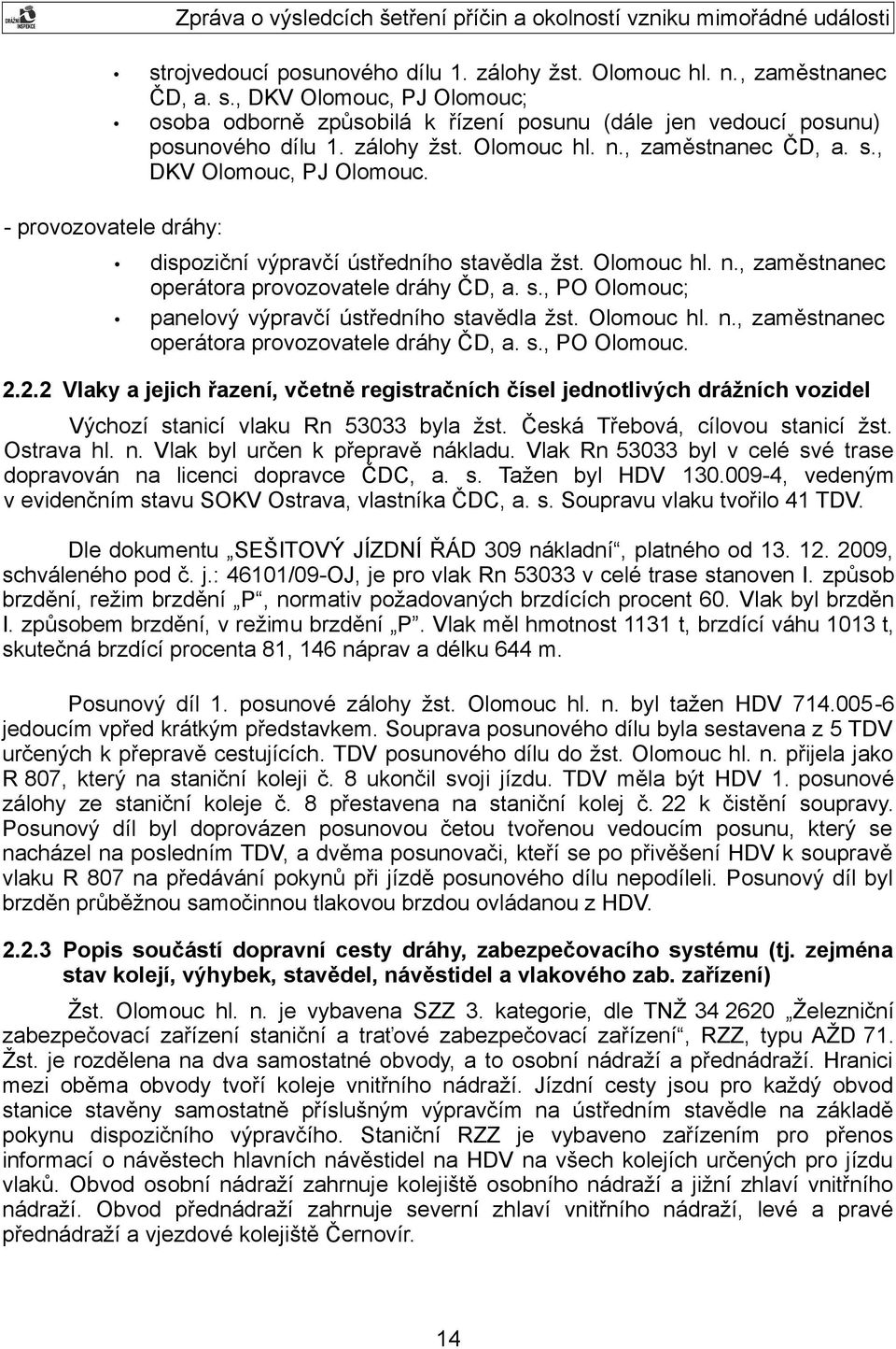 s., PO Olomouc; panelový výpravčí ústředního stavědla žst. Olomouc hl. n., zaměstnanec operátora provozovatele dráhy ČD, a. s., PO Olomouc. 2.