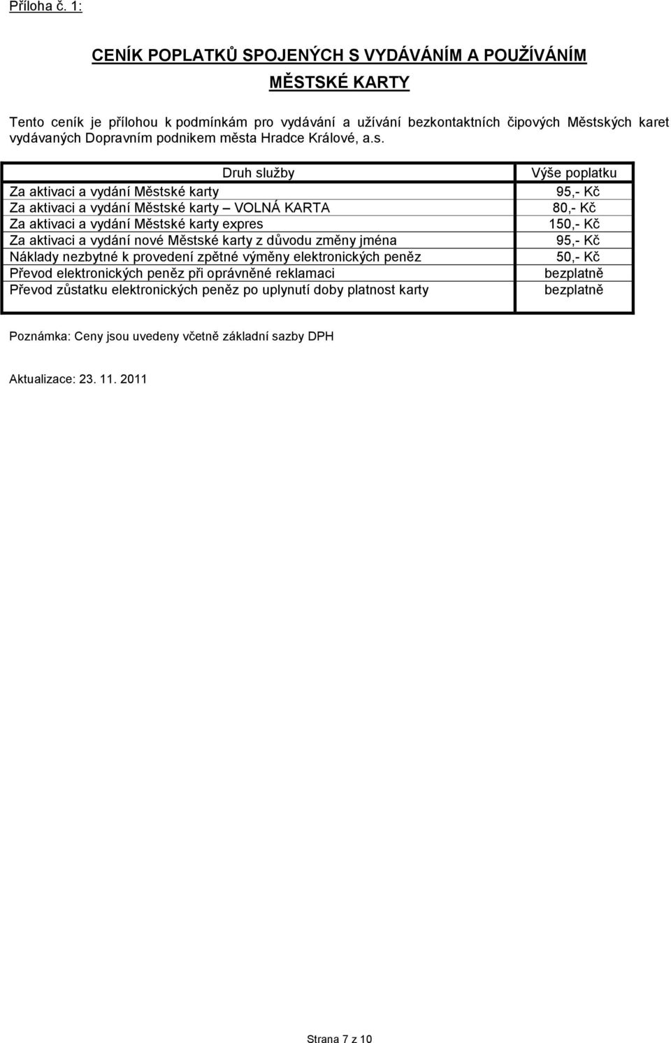 města Hradce Králové, a.s. Druh služby Za aktivaci a vydání Městské karty Za aktivaci a vydání Městské karty VOLNÁ KARTA Za aktivaci a vydání Městské karty expres Za aktivaci a vydání nové
