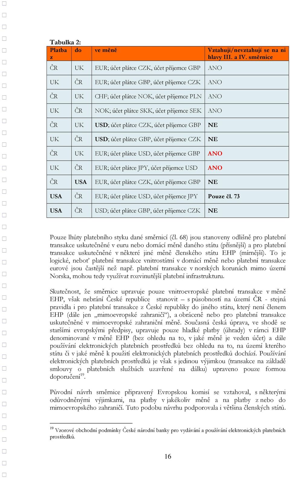 příjemce SEK ANO ČR UK USD; účet plátce CZK, účet příjemce GBP NE UK ČR USD; účet plátce GBP, účet příjemce CZK NE ČR UK EUR; účet plátce USD, účet příjemce GBP ANO UK ČR EUR; účet plátce JPY, účet