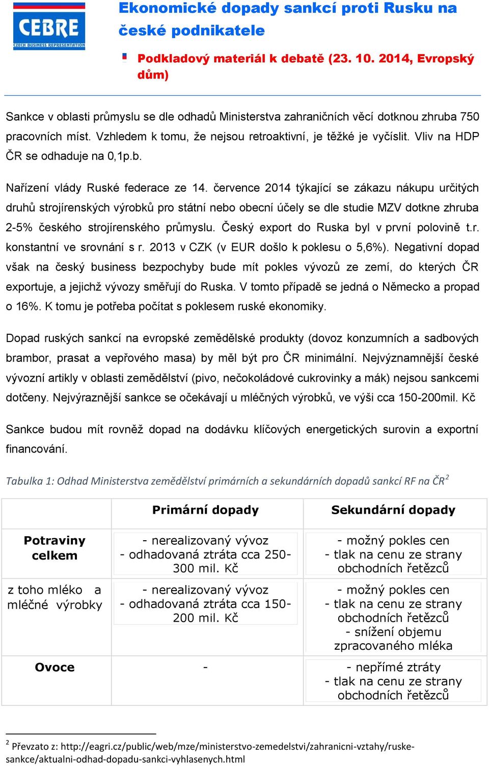 července 2014 týkající se zákazu nákupu určitých druhů strojírenských výrobků pro státní nebo obecní účely se dle studie MZV dotkne zhruba 2-5% českého strojírenského průmyslu.