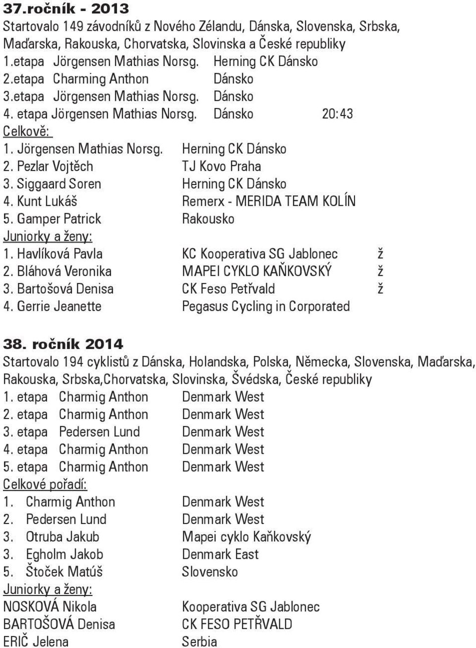 Siggaard Soren Herning CK Dánsko 4. Kunt Lukáš Remerx - MERIDA TEAM KOLÍN 5. Gamper Patrick Rakousko 1. Havlíková Pavla KC Kooperativa SG Jablonec ž 2. Bláhová Veronika MAPEI CYKLO KAŇKOVSKÝ ž 3.