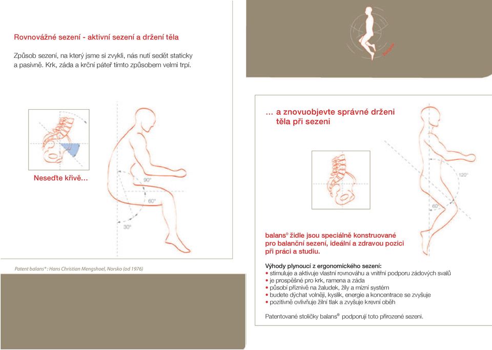 Patent balans : Hans Christian Mengshoel, Norsko (od 1976) Výhody plynoucí z ergonomického sezení: stimuluje a aktivuje vlastní rovnováhu a vnitřní podporu zádových svalů je prospěšné pro krk,