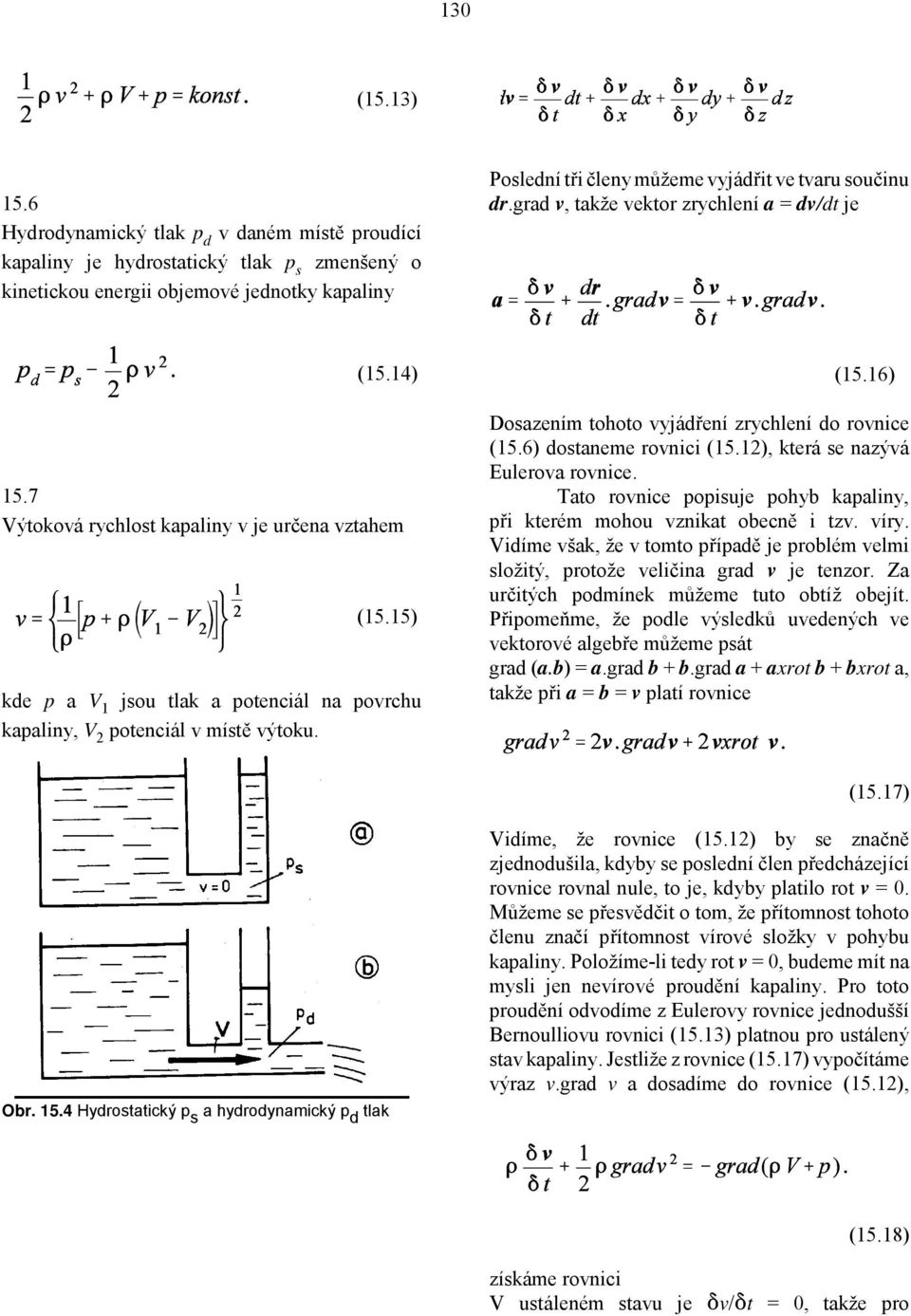 grad v, takže vektor zrychlení a = dv/dt je (15.14) 15.7 Výtoková rychlost kapaliny v je určena vztahem (15.15) kde p a V 1 jsou tlak a potenciál na povrchu kapaliny, V 2 potenciál v místě výtoku.