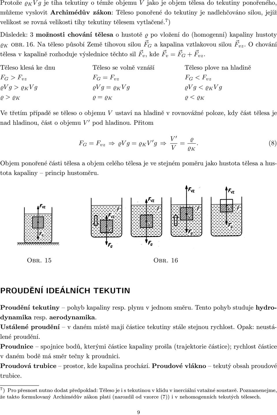 Na těleso působí Země tíhovou silou F G a kapalina vztlakovou silou F vz. O chování tělesa v kapalině rozhoduje výslednice těchto sil F v, kde F v = F G + F vz.