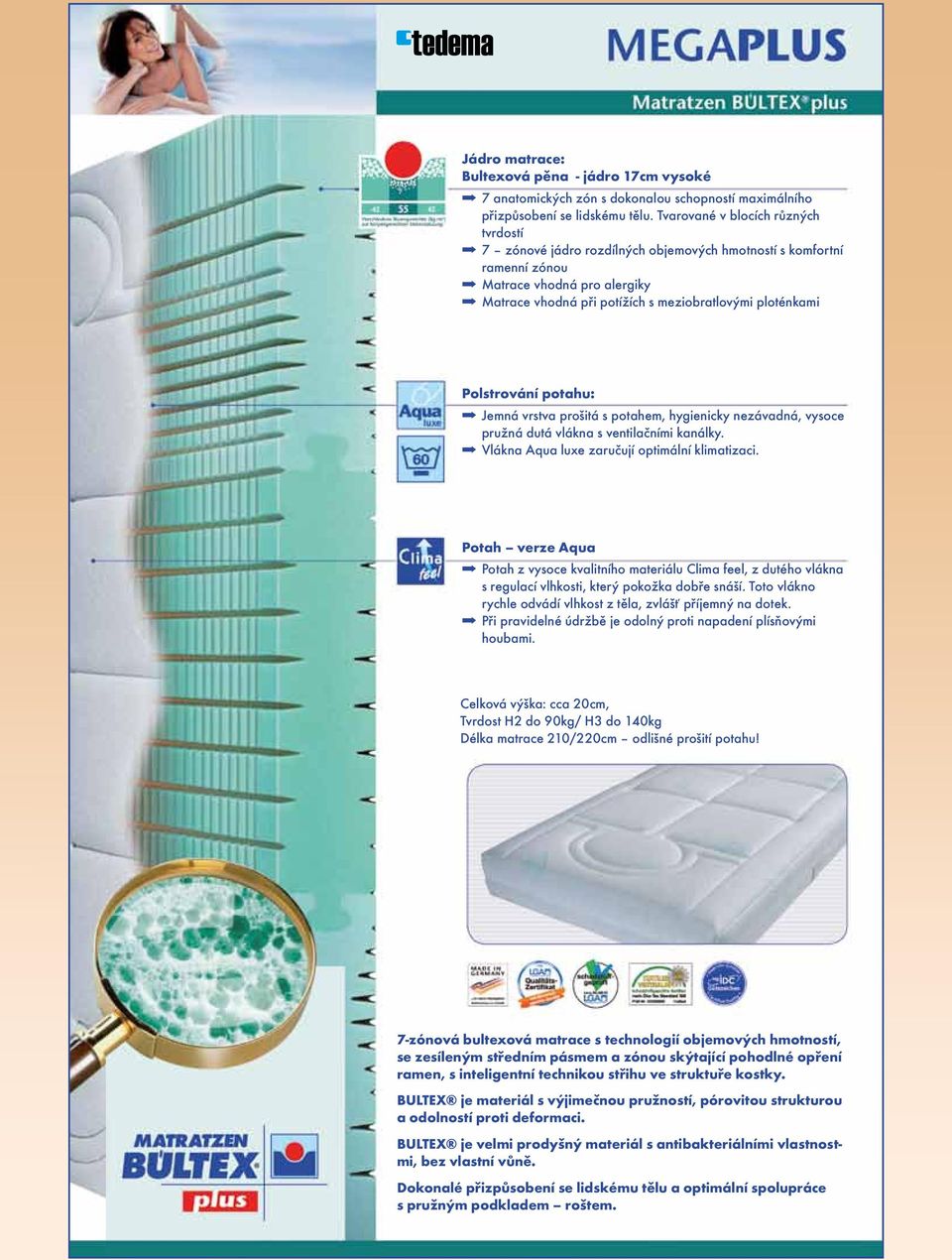 Polstrování potahu: Jemná vrstva prošitá s potahem, hygienicky nezávadná, vysoce pružná dutá vlákna s ventilačními kanálky. Vlákna Aqua luxe zaručují optimální klimatizaci.