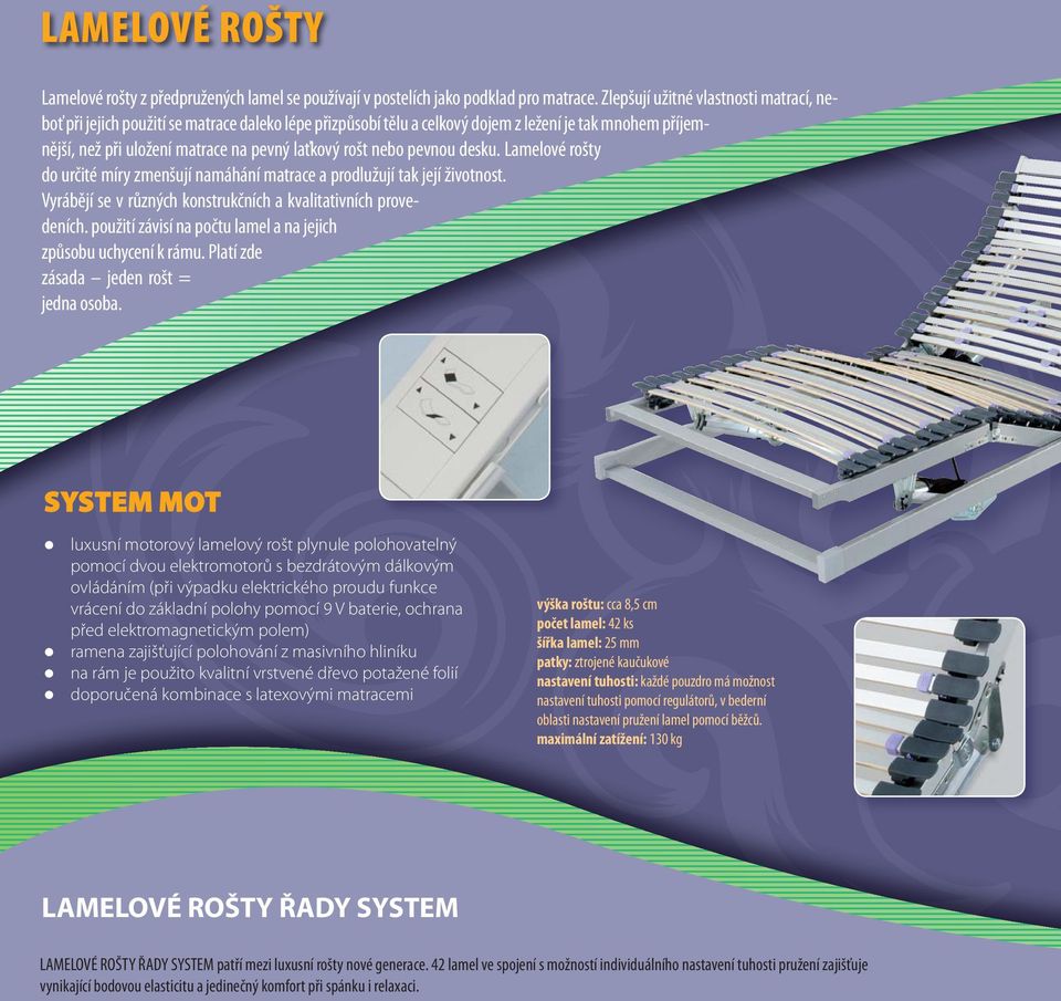 nebo pevnou desku. Lamelové rošty do určité míry zmenšují namáhání matrace a prodlužují tak její životnost. Vyrábějí se v různých konstrukčních a kvalitativních provedeních.
