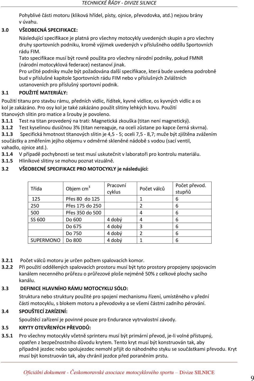 rádu FIM. Tato specifikace musí být rovně použita pro všechny národní podniky, pokud FMNR (národní motocyklová federace) nestanoví jinak.