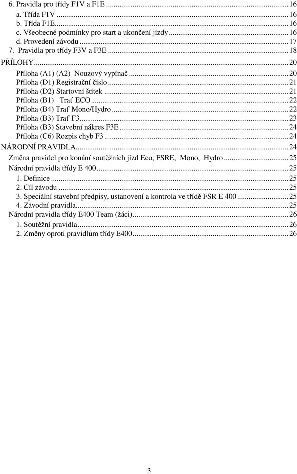 ..23 Příloha (B3) Stavební nákres F3E...24 Příloha (C6) Rozpis chyb F3...24 NÁRODNÍ PRAVIDLA...24 Změna pravidel pro konání soutěžních jízd Eco, FSRE, Mono, Hydro...25 Národní pravidla třídy E 400.