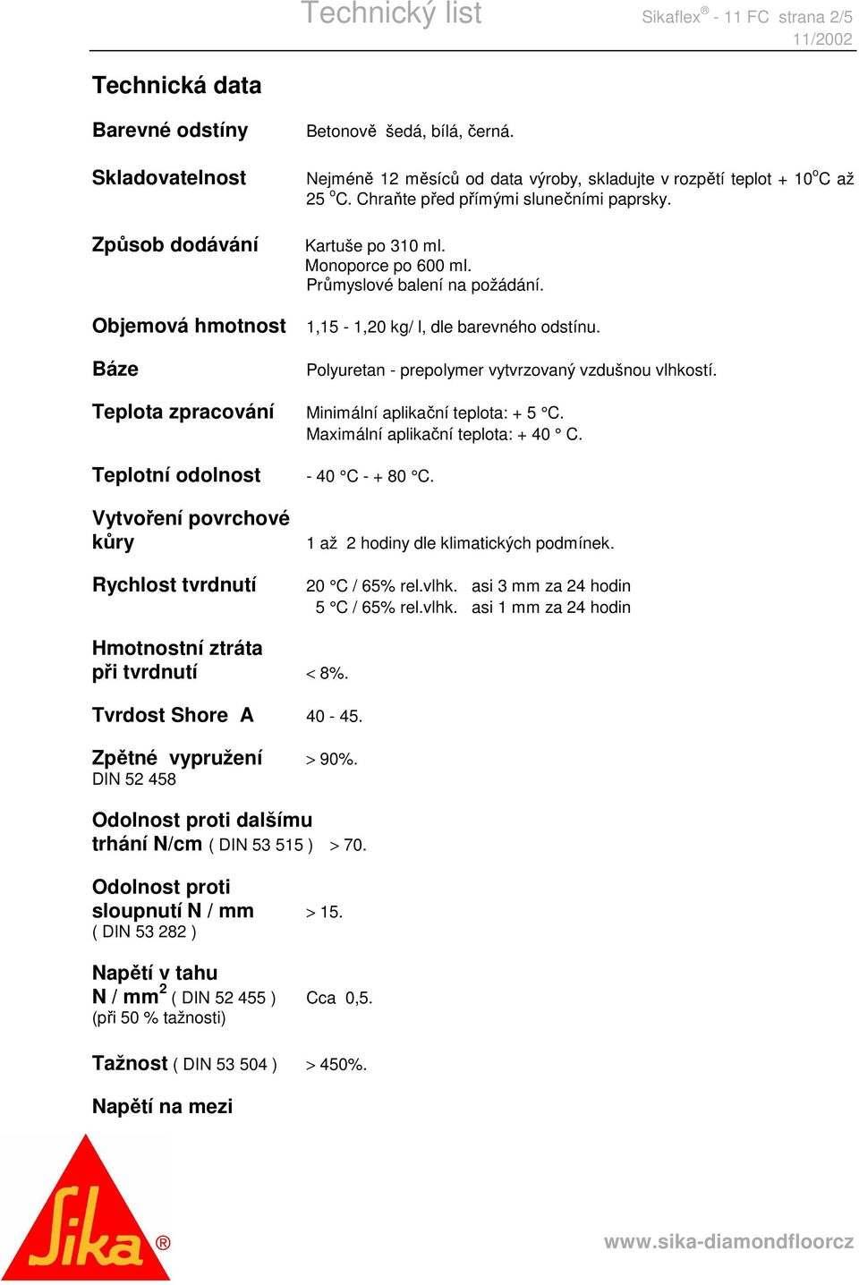 Průmyslové balení na požádání. 1,15-1,20 kg/ l, dle barevného odstínu. Polyuretan - prepolymer vytvrzovaný vzdušnou vlhkostí. Minimální aplikační teplota: + 5 C. Maximální aplikační teplota: + 40 C.