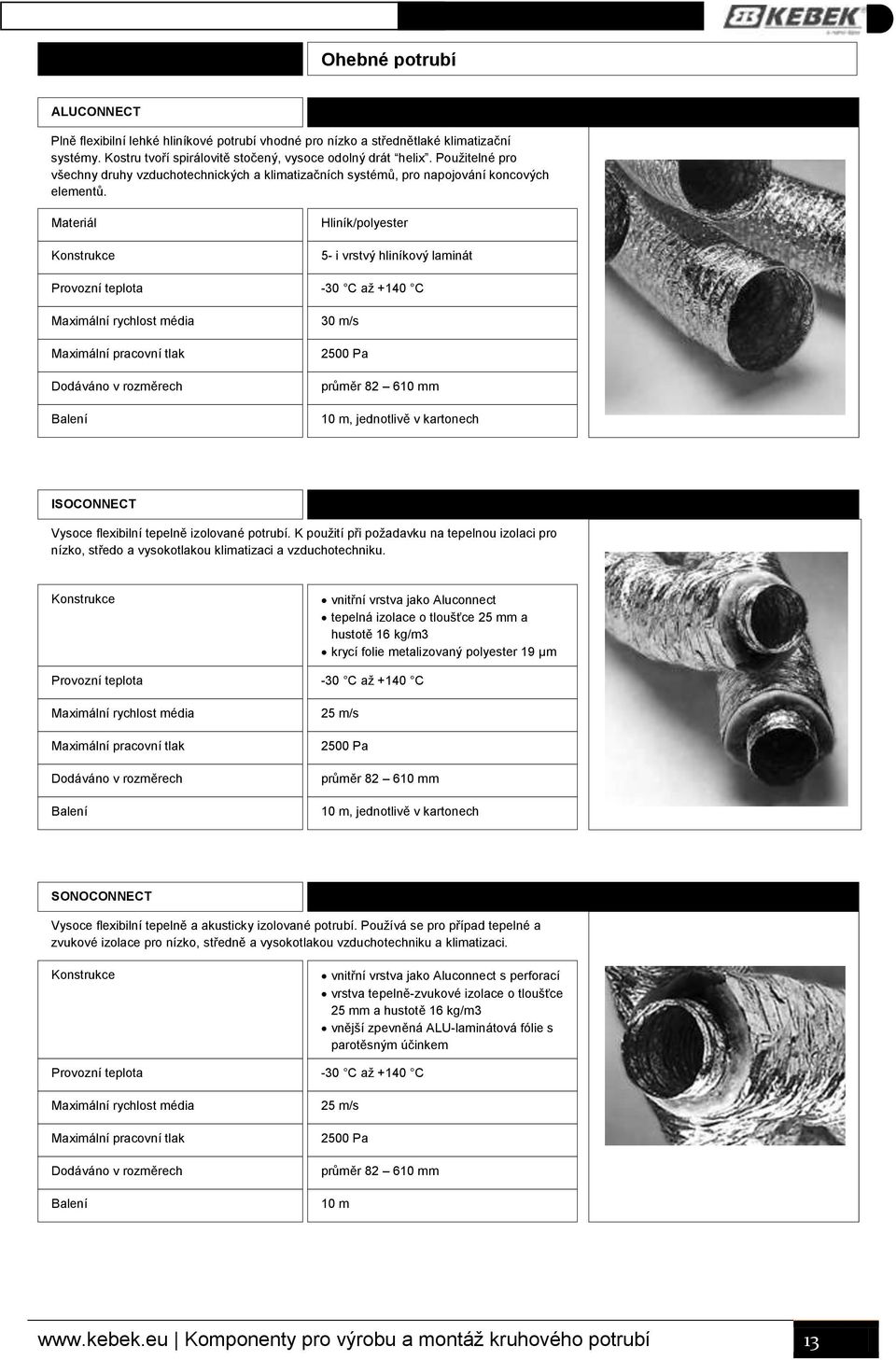 Materiál Konstrukce Provozní teplota Maximální rychlost média Maximální pracovní tlak Hliník/polyester 5- i vrstvý hliníkový laminát -30 C až +140 C 30 m/s 2500 Pa průměr 82 610 mm 10 m, jednotlivě v