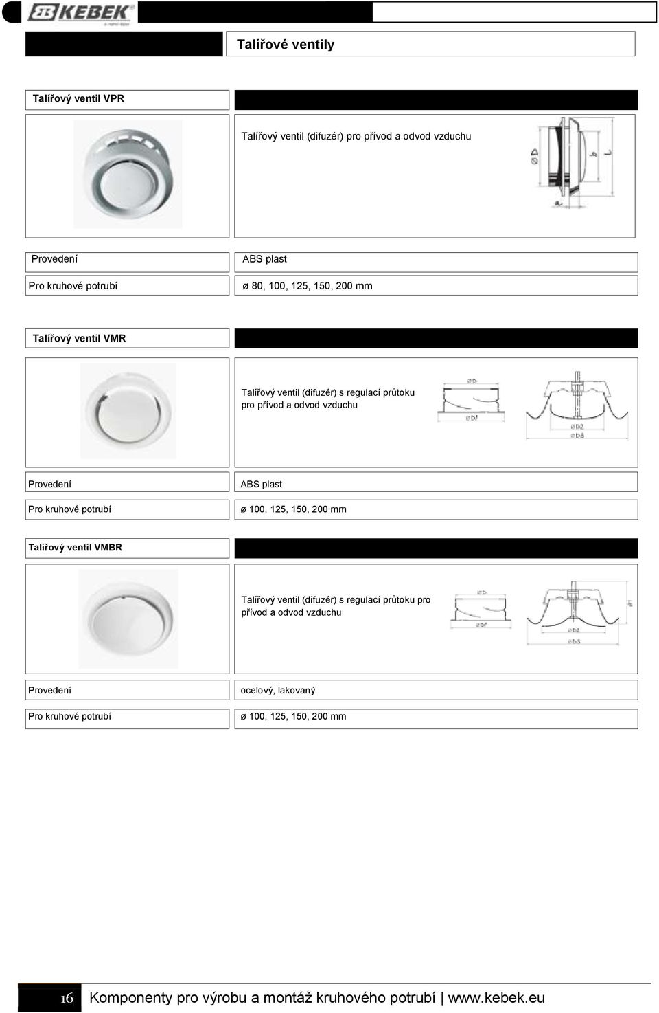 kruhové potrubí ABS plast ø 100, 125, 150, 200 mm Talířový ventil VMBR Talířový ventil (difuzér) s regulací průtoku pro přívod a