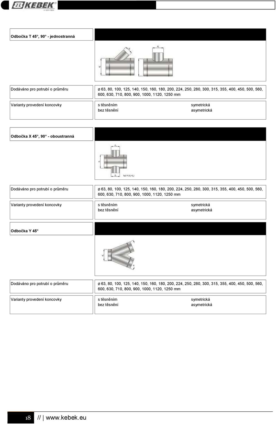 300, 315, 355, 400, 450, 500, 560, 600, 630, 710, 800, 900, 1000, 1120, 1250 mm Varianty provedení koncovky s těsněním symetrická bez těsnění asymetrická Odbočka Y 45 Dodáváno pro potrubí o průměru ø