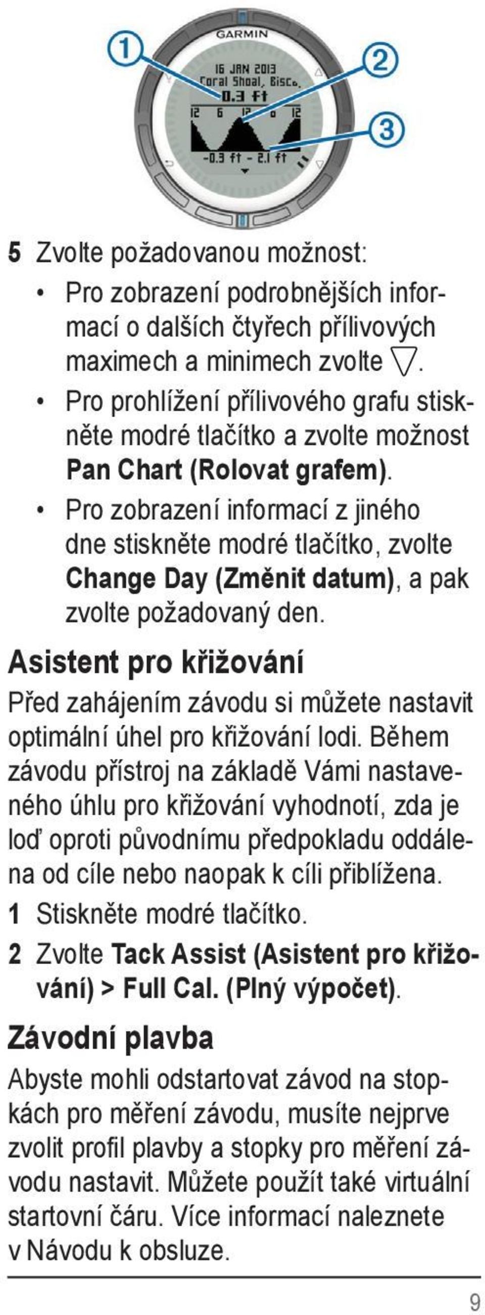 Pro zobrazení informací z jiného dne stiskněte modré tlačítko, zvolte Change Day (Změnit datum), a pak zvolte požadovaný den.