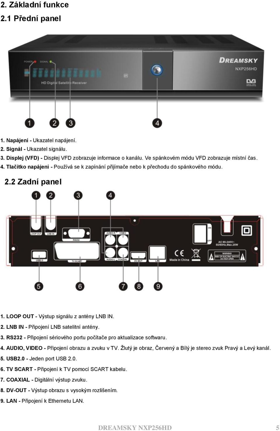 3. RS232 - Připojení sériového portu počítače pro aktualizace softwaru. 4. AUDIO, VIDEO - Připojení obrazu a zvuku v TV. Ţlutý je obraz, Červený a Bílý je stereo zvuk Pravý a Levý kanál. 5. USB2.