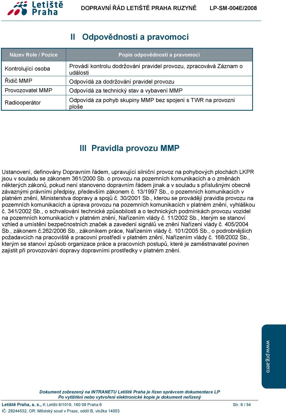 Ustanovení, definovány Dopravním řádem, upravující silniční provoz na pohybových plochách LKPR jsou v souladu se zákonem 361/2000 Sb.