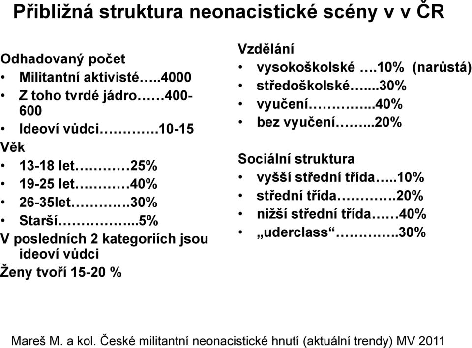 ..5% V posledních 2 kategoriích jsou ideoví vůdci Ţeny tvoří 15-20 % Vzdělání vysokoškolské.10% (narůstá) středoškolské...30% vyučení.