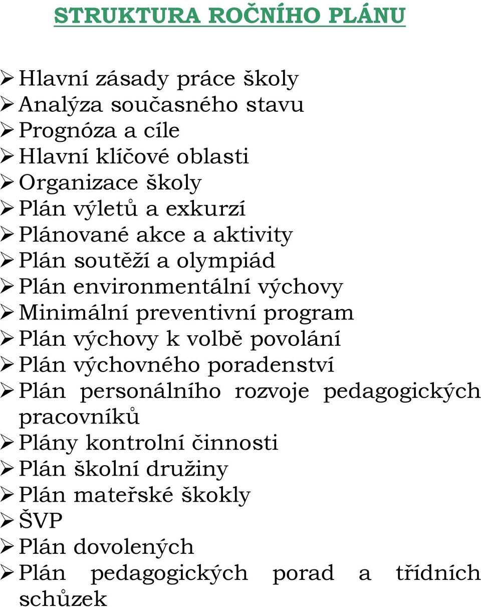 preventivní program Plán výchovy k volbě povolání Plán výchovného poradenství Plán personálního rozvoje pedagogických