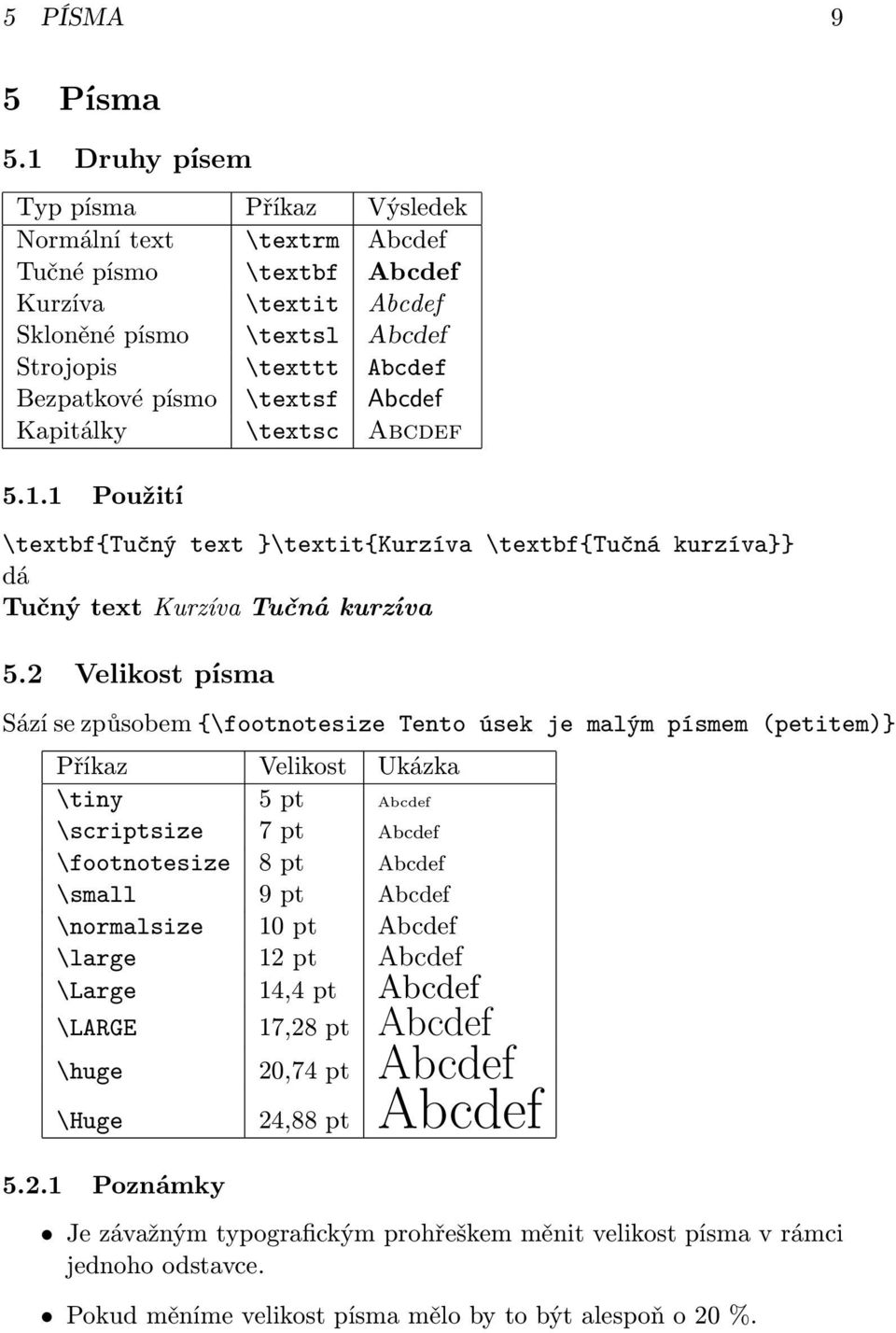 Abcdef Kapitálky \textsc Abcdef 5.1.1 Použití \textbf{tučný text }\textit{kurzíva \textbf{tučná kurzíva}} dá Tučný text Kurzíva Tučná kurzíva 5.