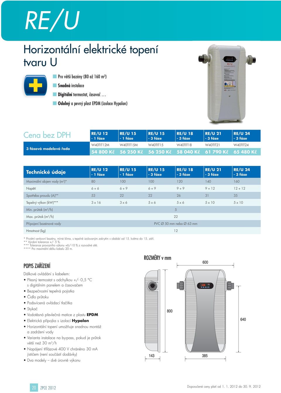 Kč 65 480 Kč Technické údaje RE/U 12-1 fáze RE/U 15-1 fáze RE/U 15-3 fáze RE/U 18-3 fáze RE/U 21-3 fáze RE/U 24-3 fáze Maximální objem vody (m 3 )* 80 100 100 120 140 160 Napětí 6 + 6 6 + 9 6 + 9 9 +