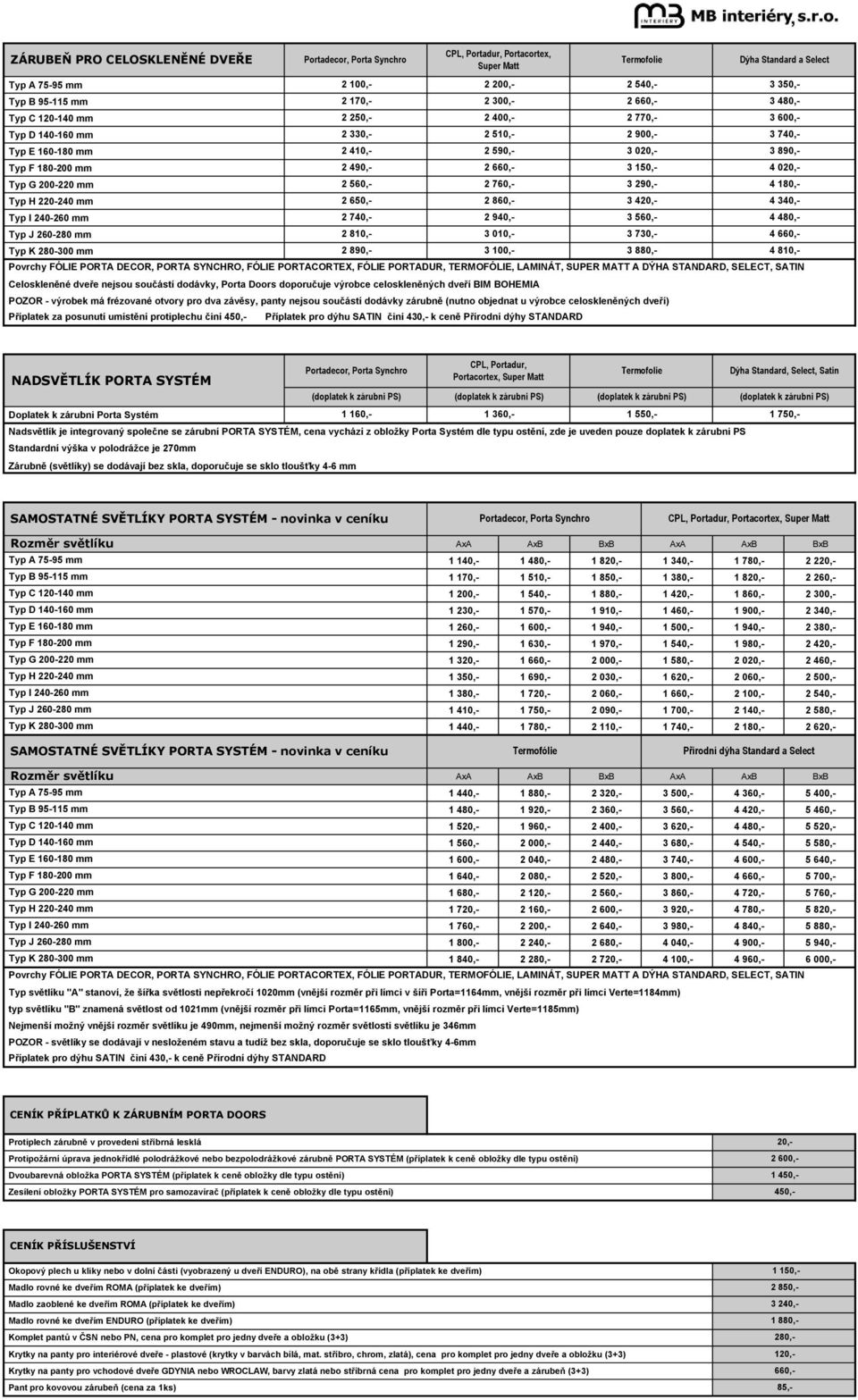 dodávky zárubně (nutno objednat u výrobce celoskleněných dveří) Příplatek za posunutí umístění protiplechu činí 450,- Portadecor, Porta Synchro 2 100,- 2 170,- 2 250,- 2 330,- 2 410,- 2 490,- 2 560,-